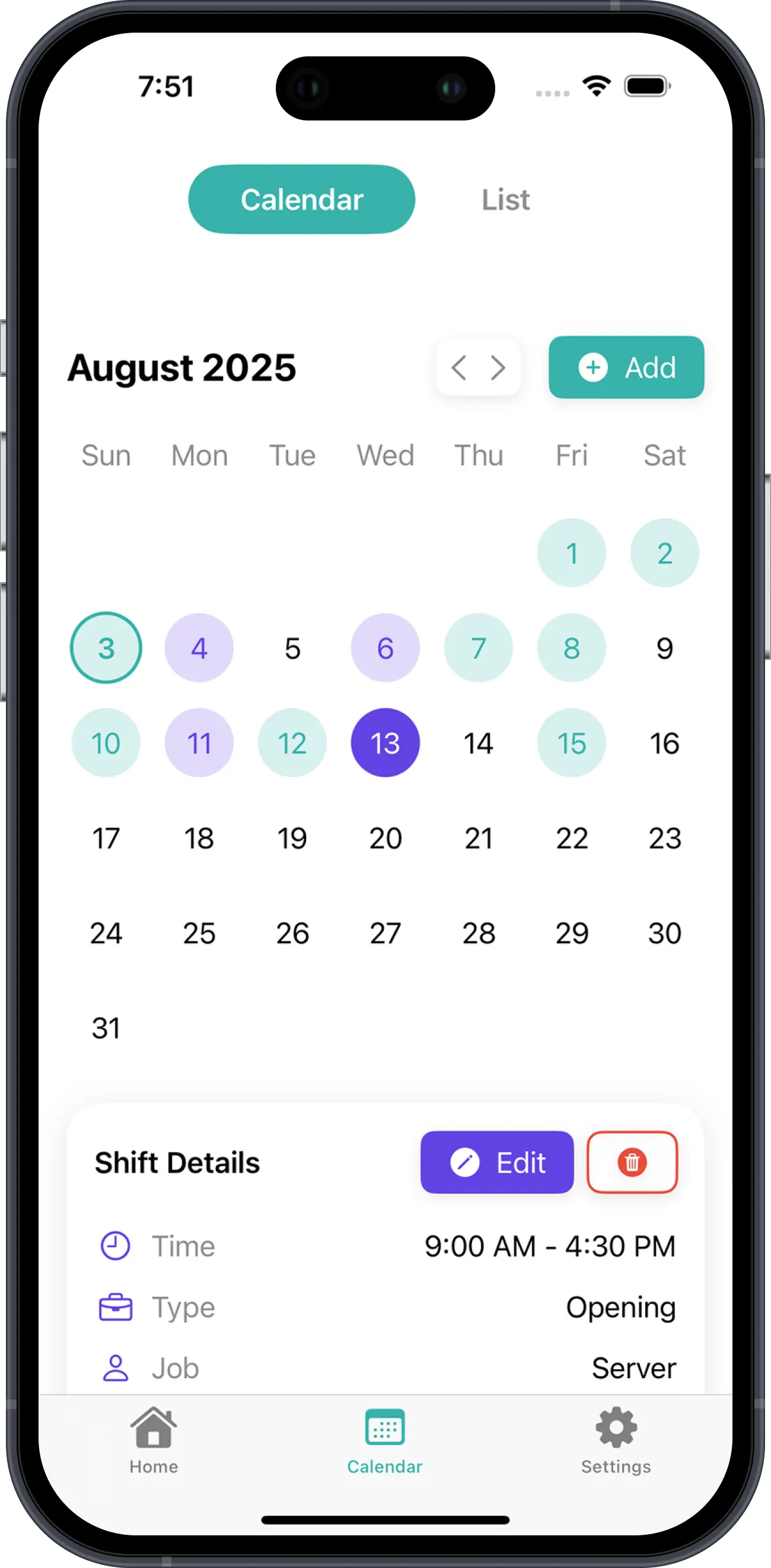 Baito app calendar view showing work shifts and earnings on iPhone