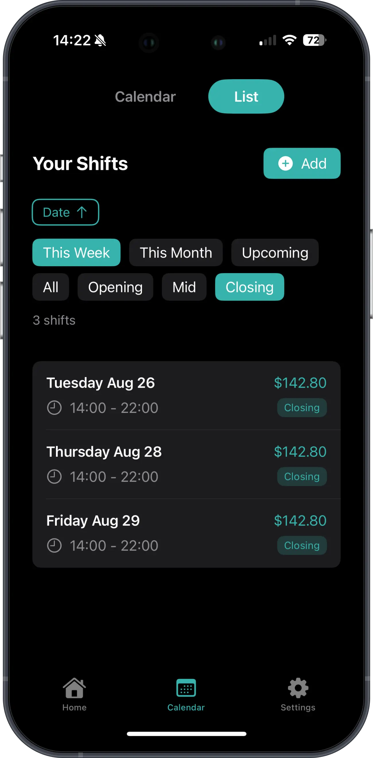 Baito app shift list in dark mode showing organized work schedule